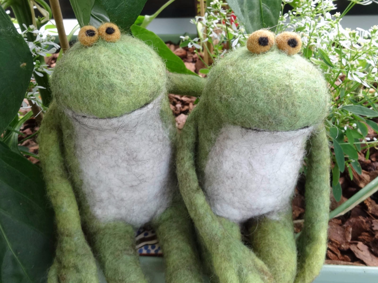 Zwei grüne Filzfrösche im Blumenkasten